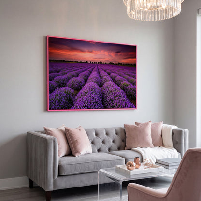 Lavender Field at Sunset Canvas Wall Art in pink floating frame
