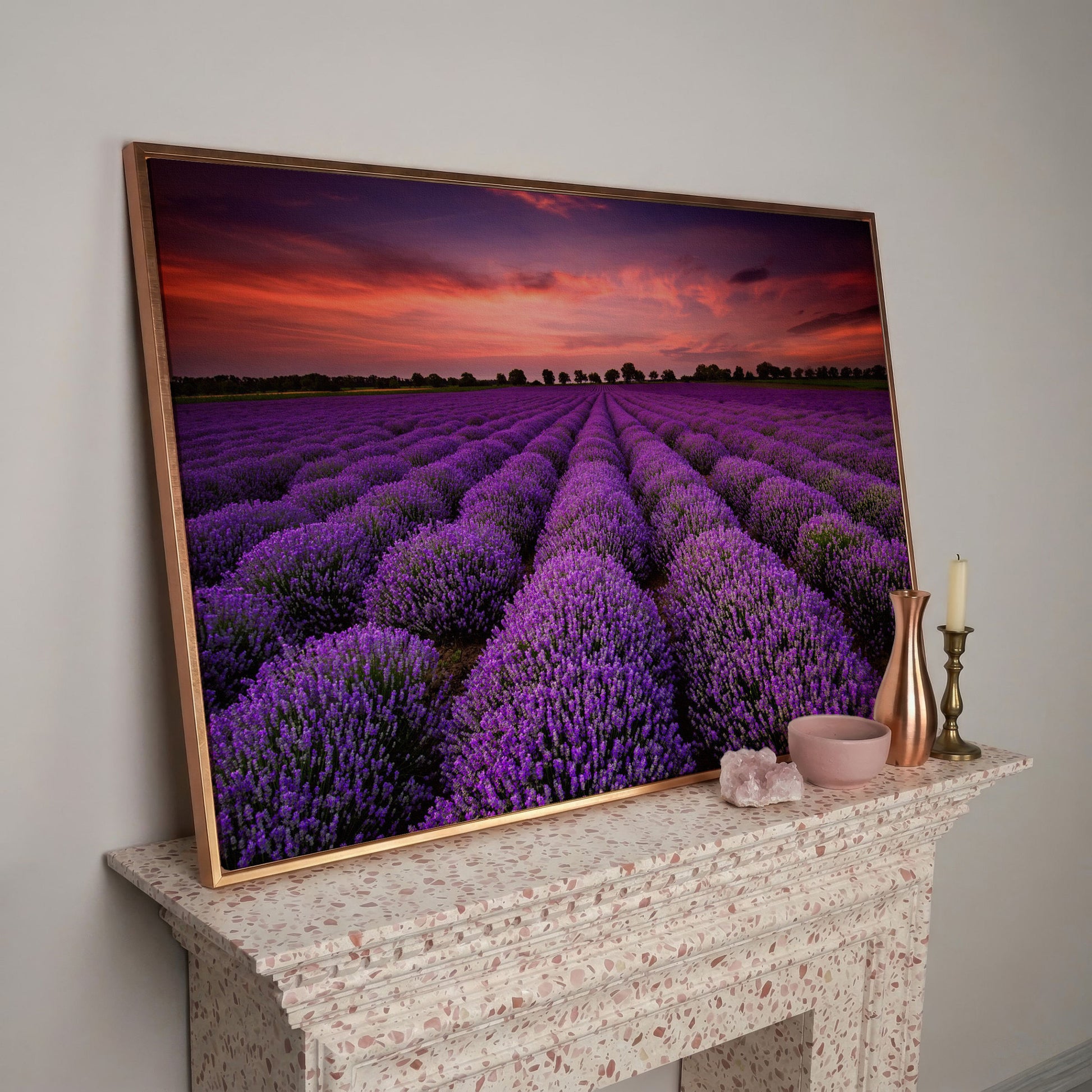 Lavender Field at Sunset Canvas Wall Art in rose gold floating frame