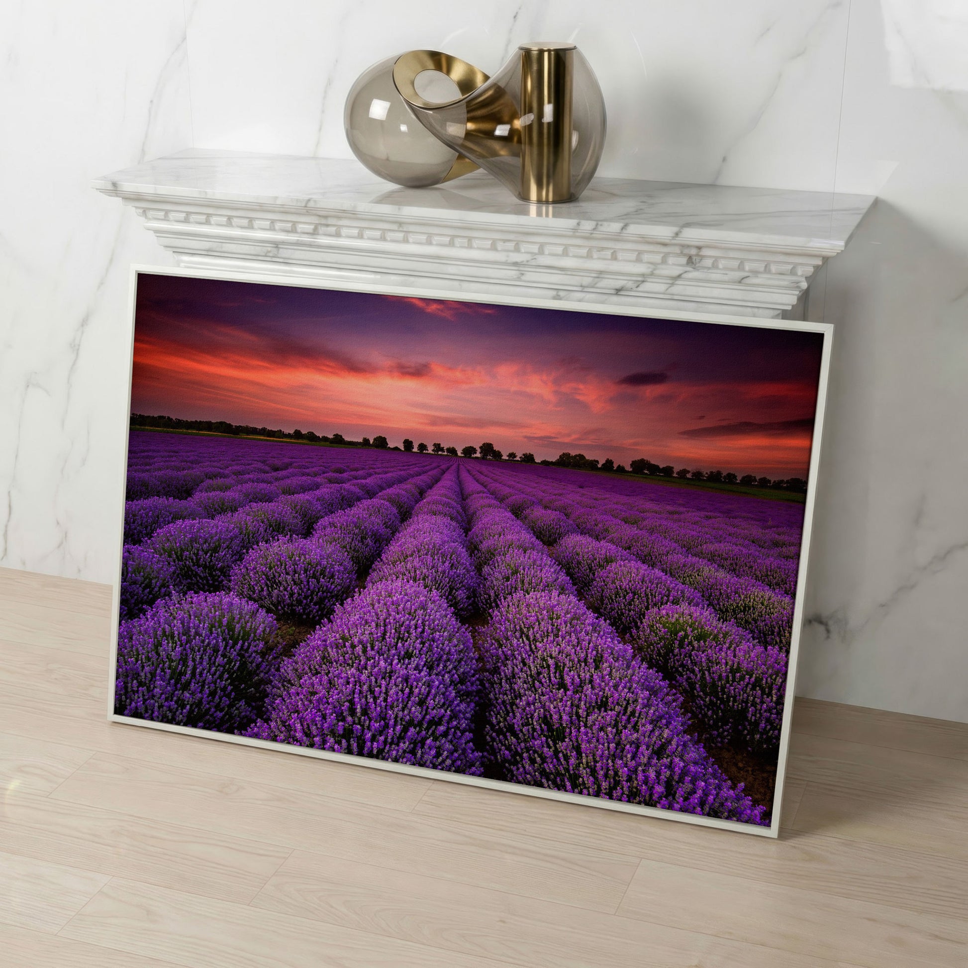 Lavender Field at Sunset Canvas Wall Art in white floating frame