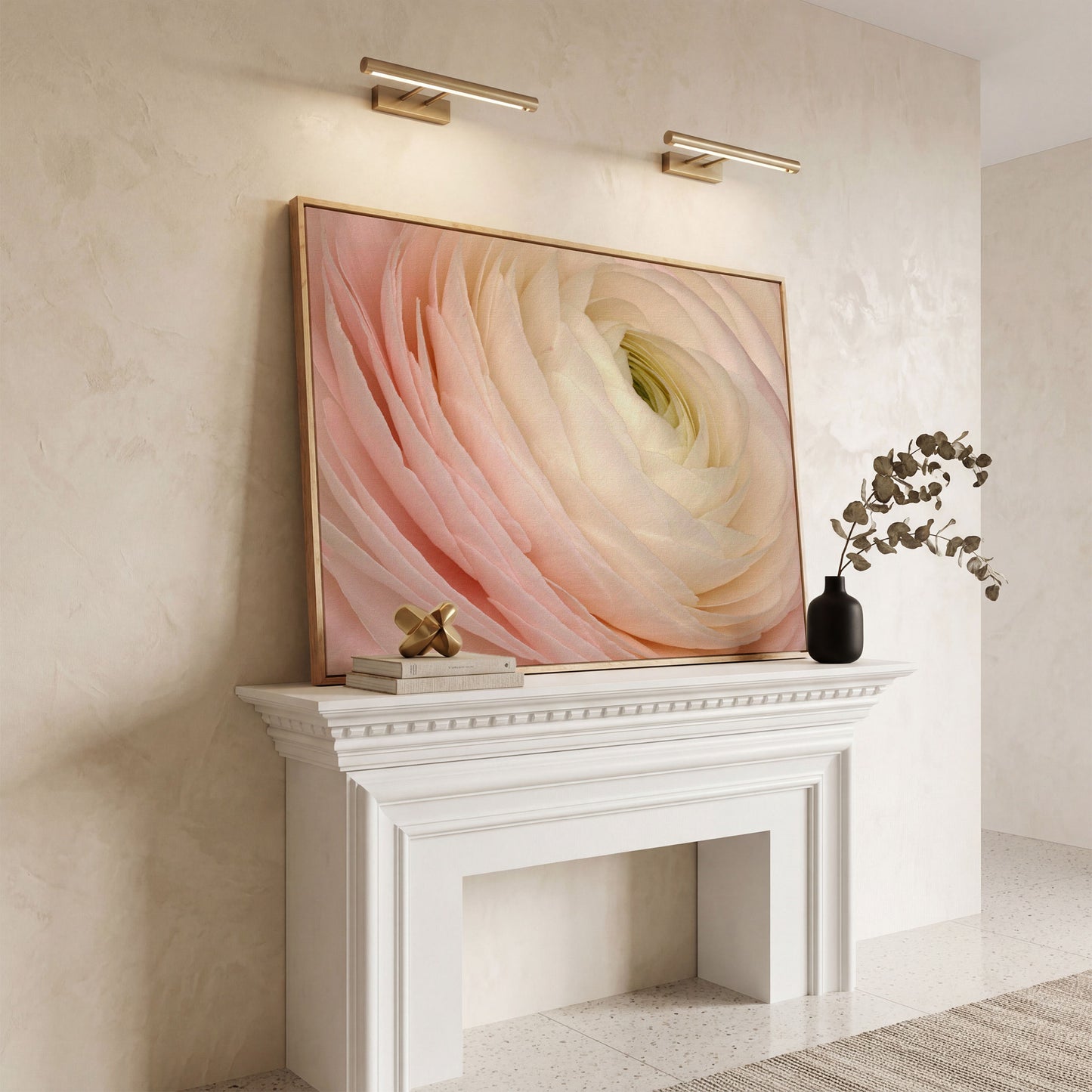 Soft Pink Ranunculus Close-Up Canvas Wall Art in white oak floating frame