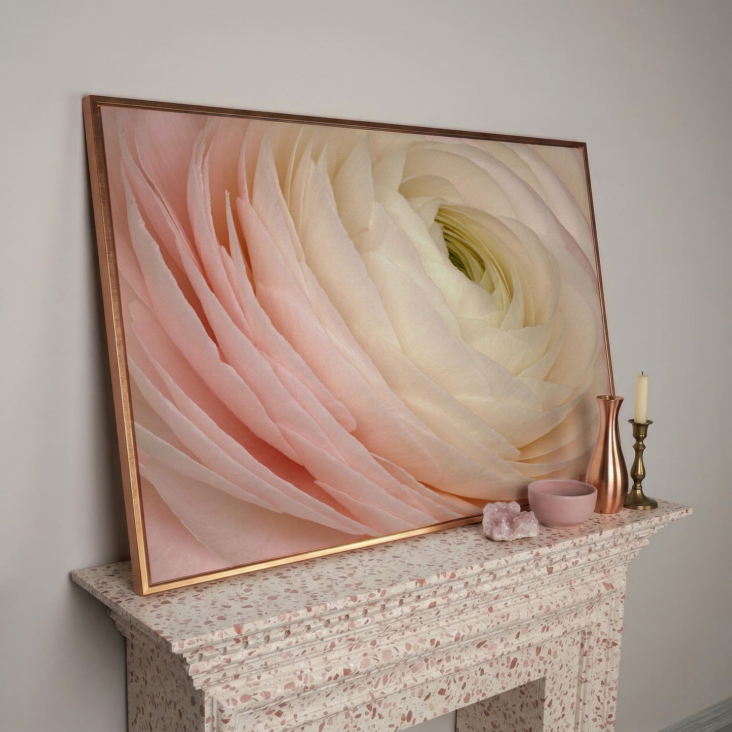 Soft Pink Ranunculus Close-Up Canvas Wall Art in rose gold floating frame