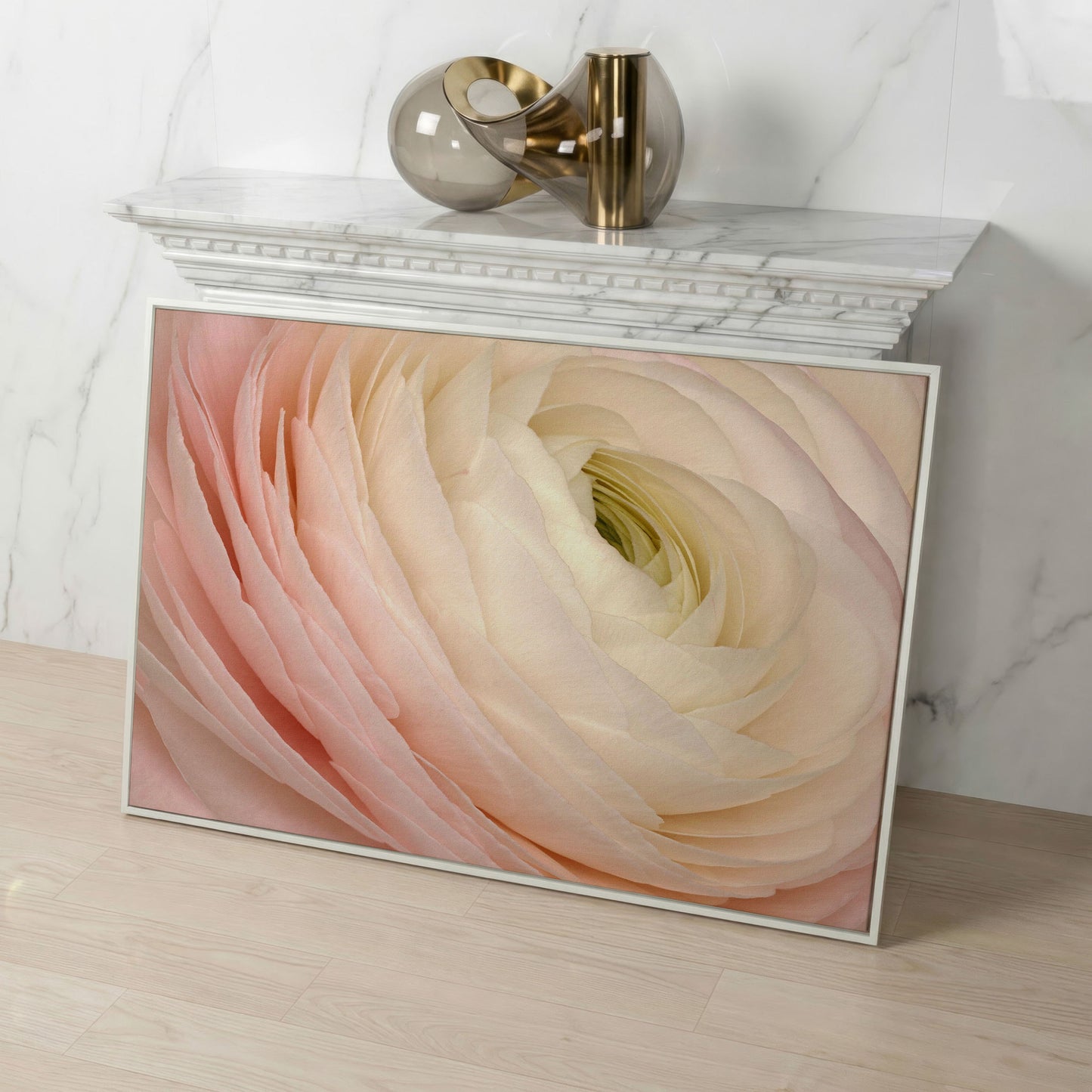Soft Pink Ranunculus Close-Up Canvas Wall Art in white floating frame