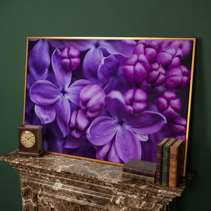 Lilac Blooms Close-Up Canvas Wall Art, Floral Landscape Print in antique gold floating frame