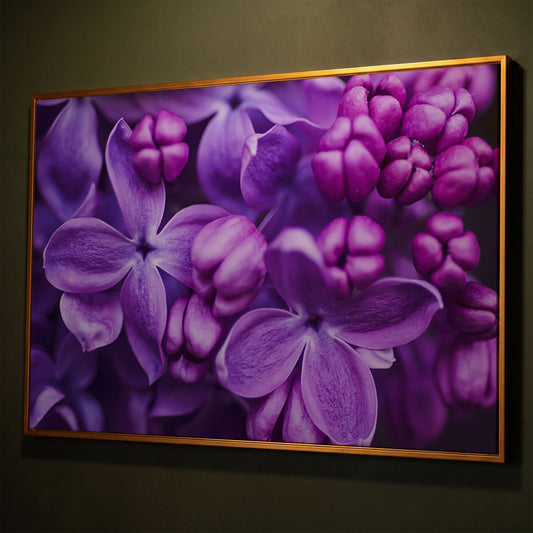 Lilac Blooms Close-Up Canvas Wall Art, Floral Landscape Print shown in antique gold floating frame