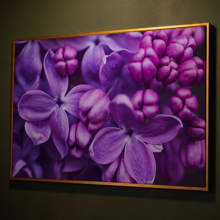 Lilac Blooms Close-Up Canvas Wall Art, Floral Landscape Print shown in antique gold floating frame