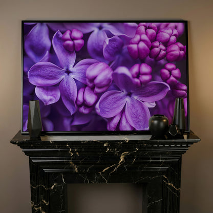 Lilac Blooms Close-Up Canvas Wall Art, Floral Landscape Print in black floating frame