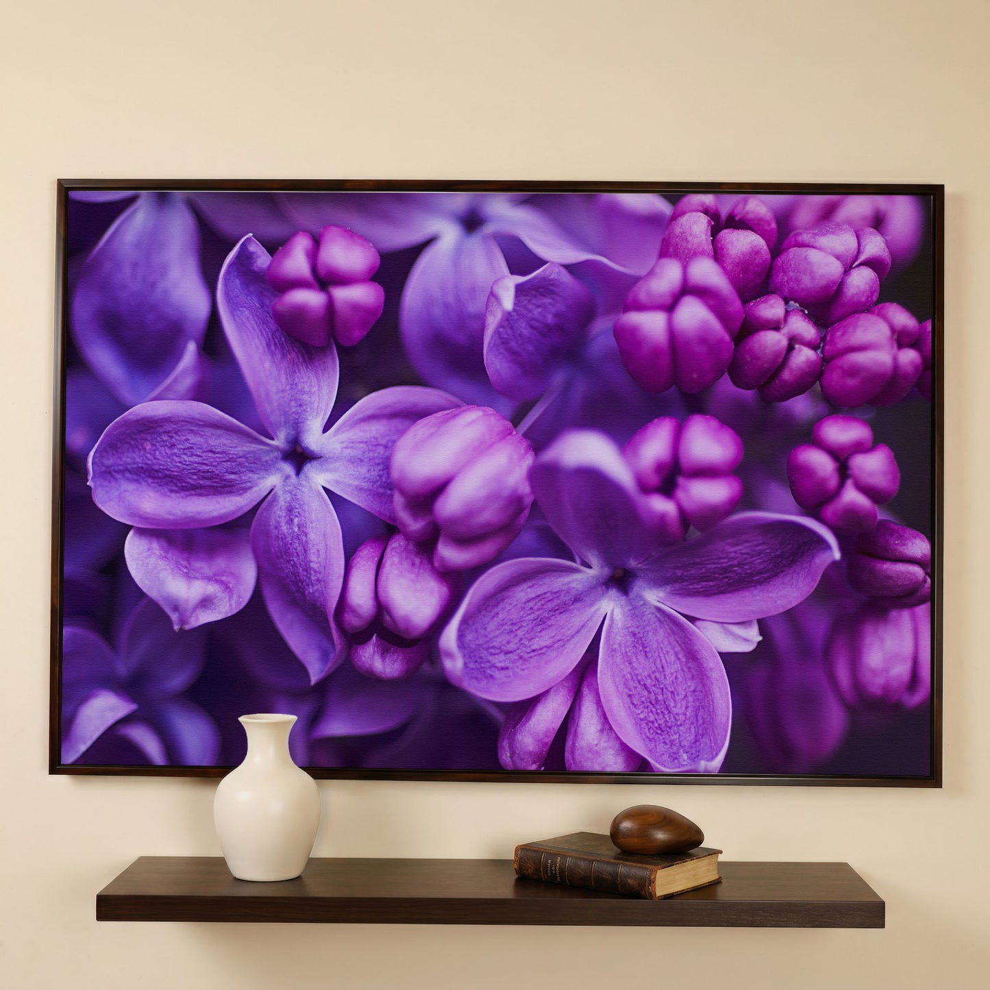 Lilac Blooms Close-Up Canvas Wall Art, Floral Landscape Print in dark walnut floating frame