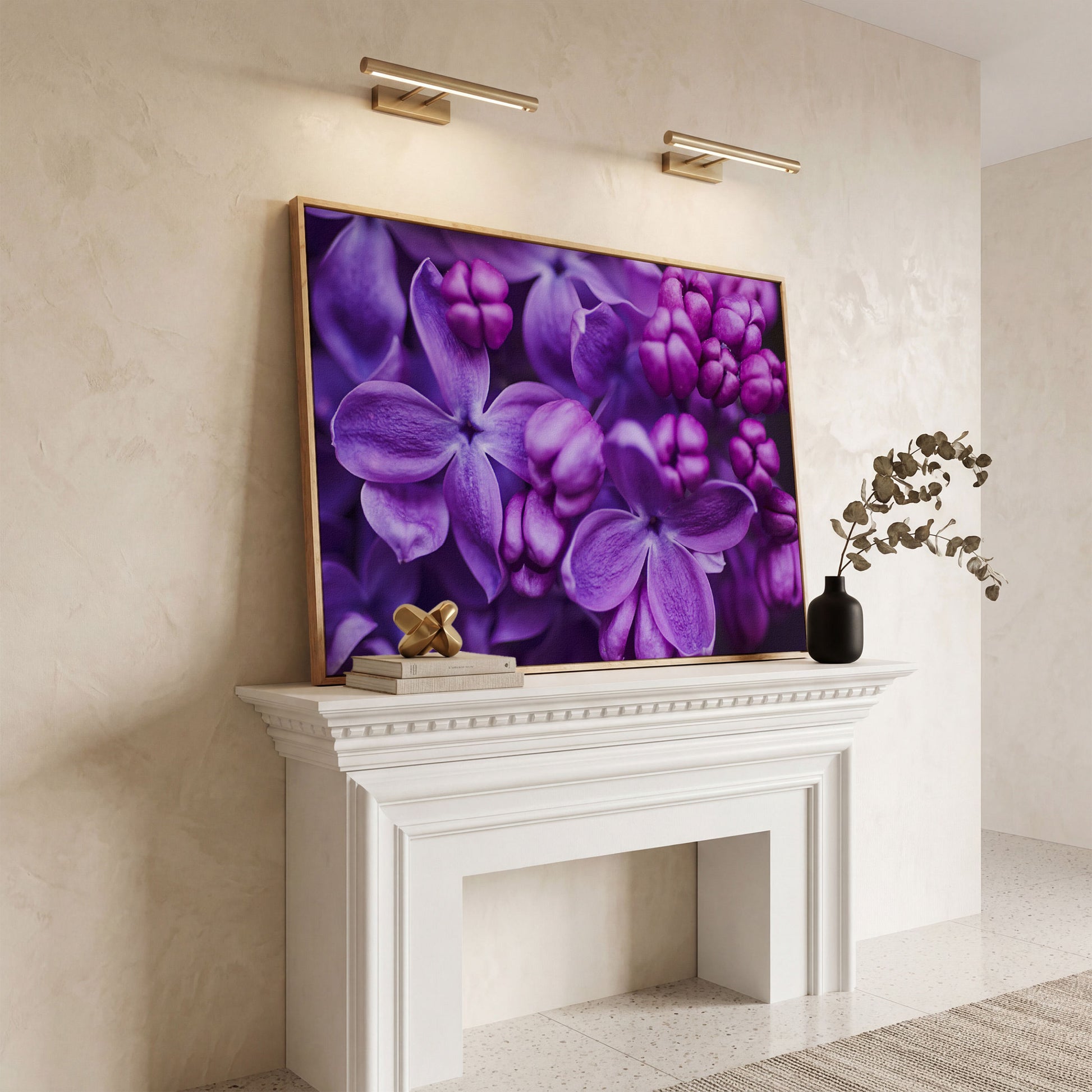 Lilac Blooms Close-Up Canvas Wall Art, Floral Landscape Print in white oak floating frame