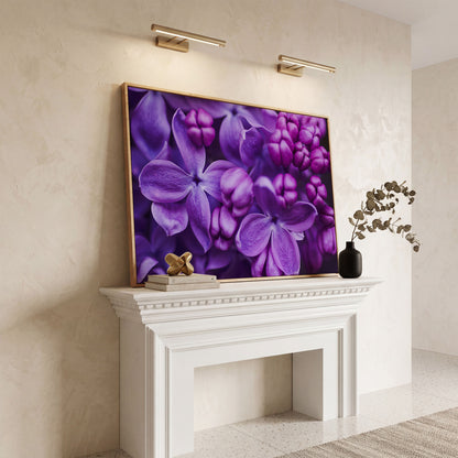 Lilac Blooms Close-Up Canvas Wall Art, Floral Landscape Print in white oak floating frame