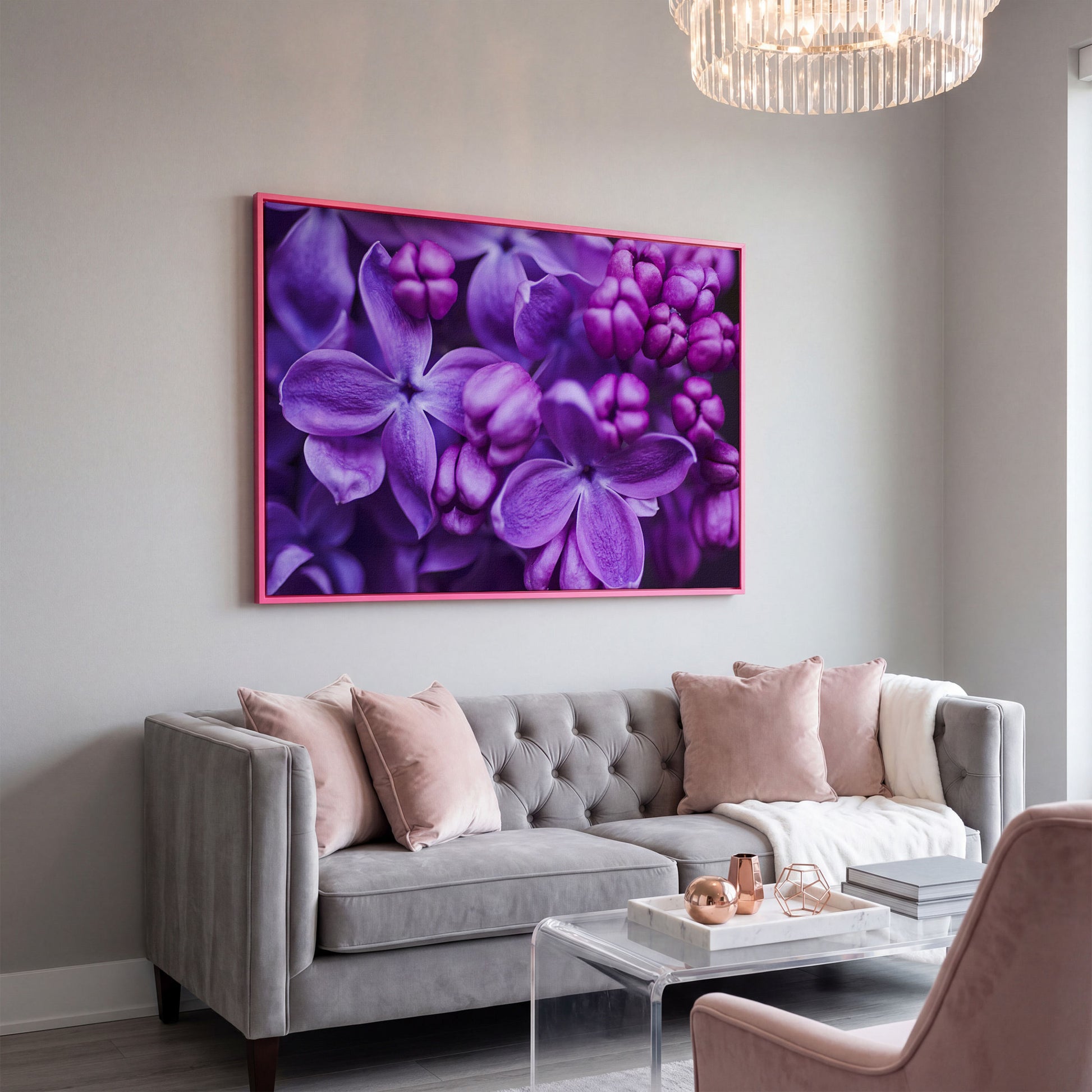 Lilac Blooms Close-Up Canvas Wall Art, Floral Landscape Print in pink floating frame