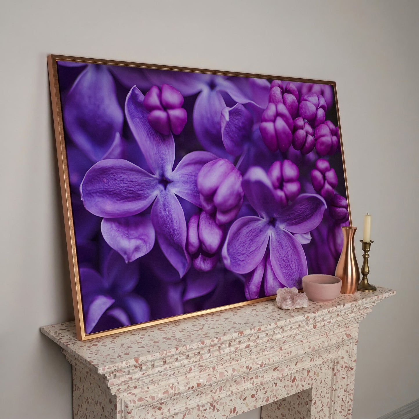 Lilac Blooms Close-Up Canvas Wall Art, Floral Landscape Print in rose gold floating frame