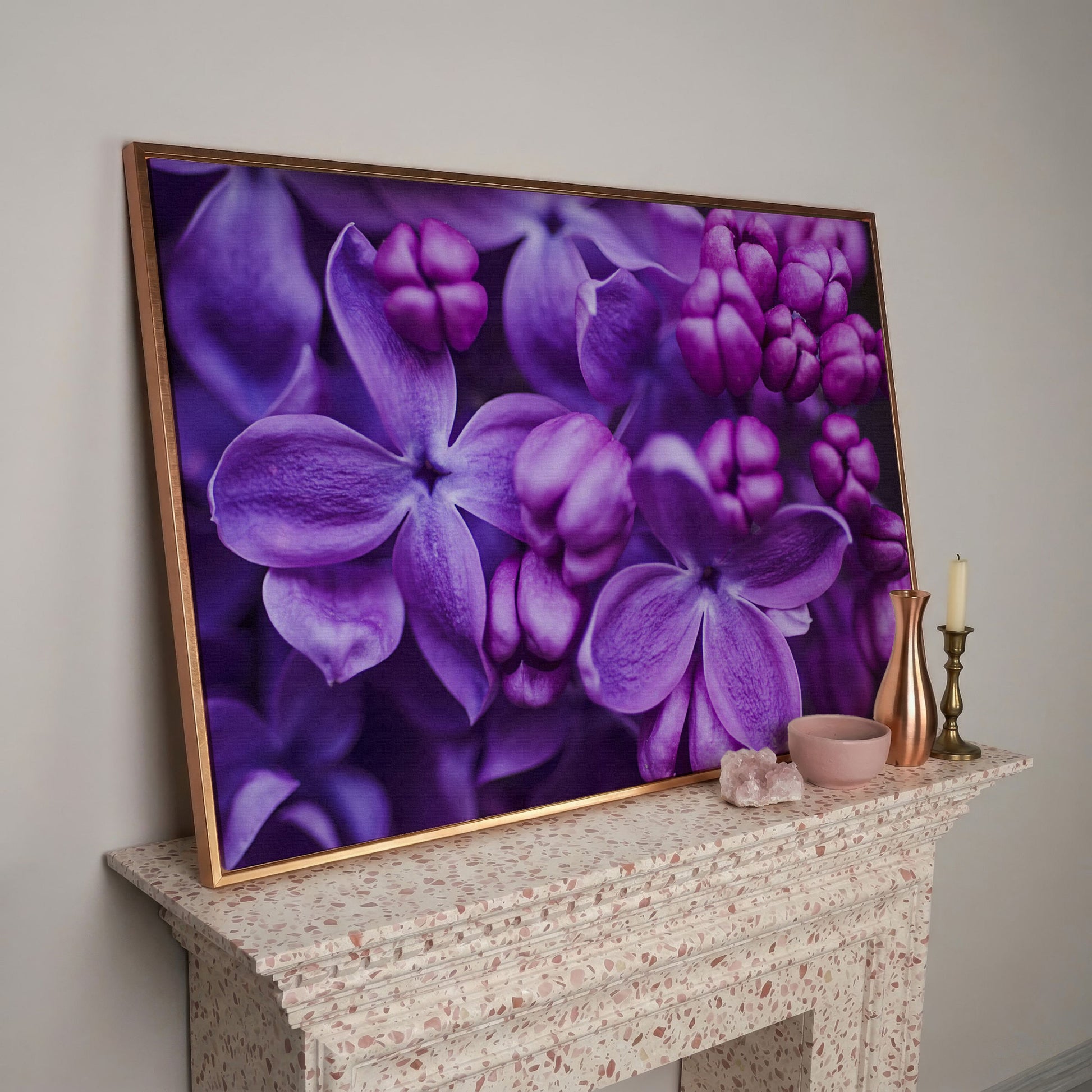 Lilac Blooms Close-Up Canvas Wall Art, Floral Landscape Print in rose gold floating frame