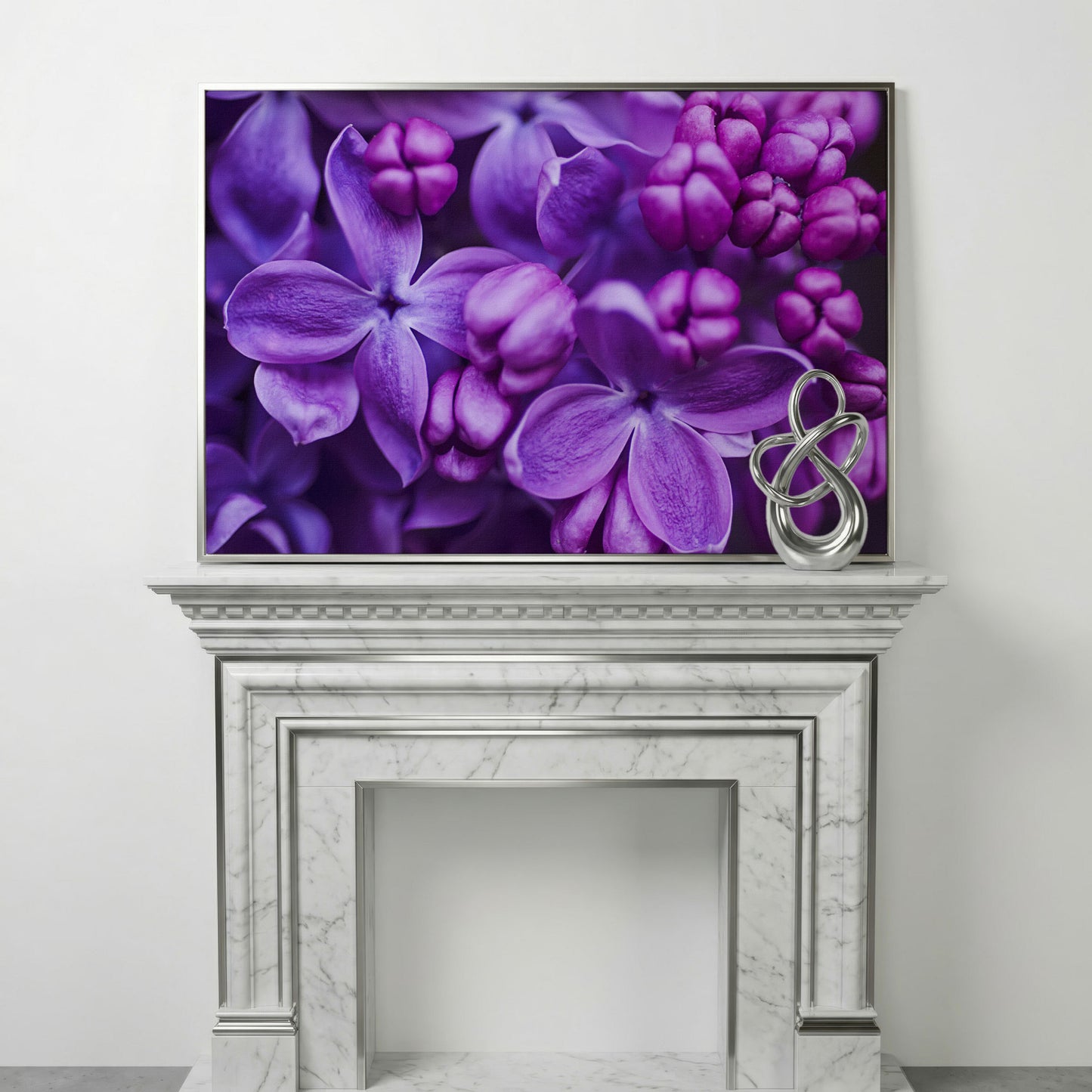Lilac Blooms Close-Up Canvas Wall Art, Floral Landscape Print in silver floating frame