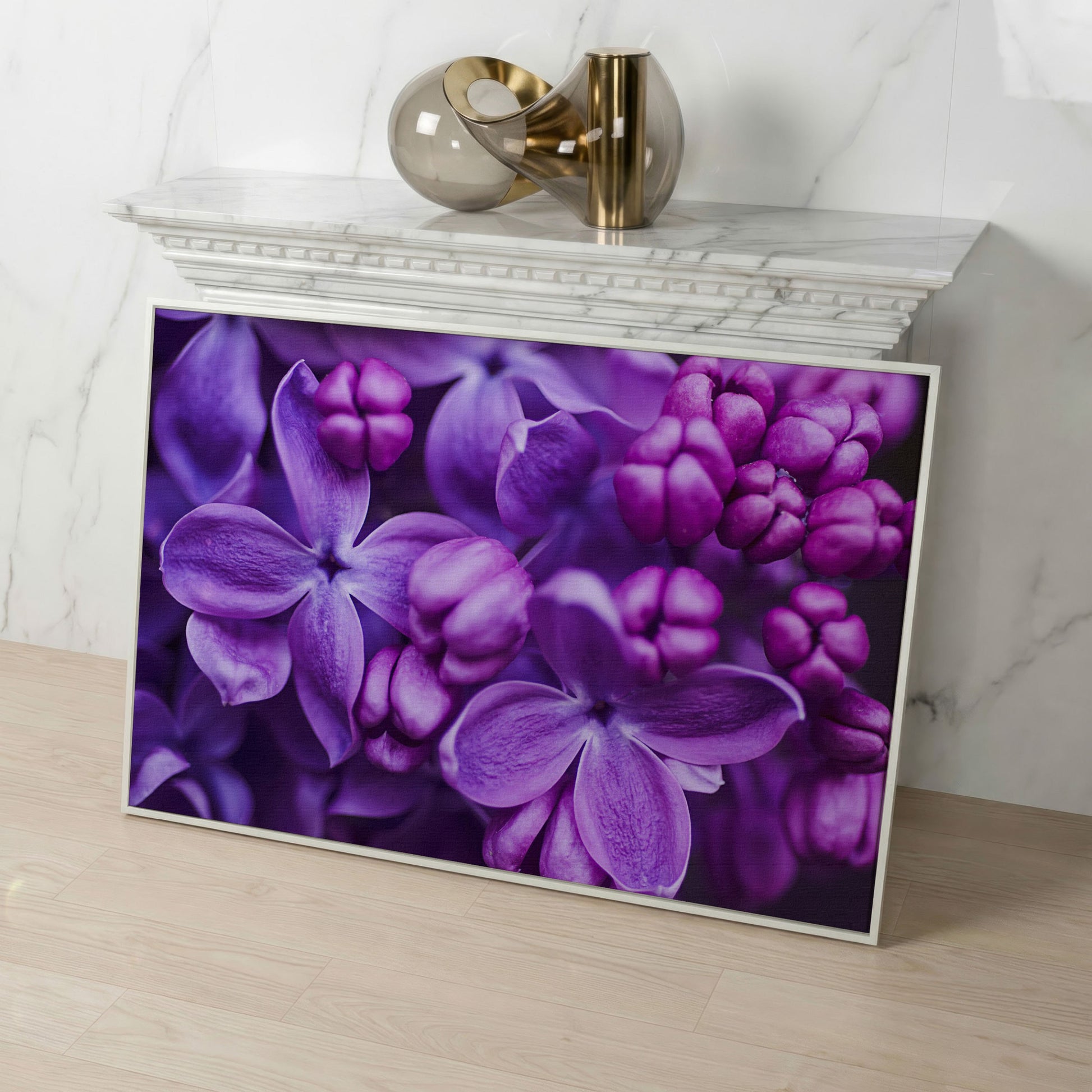Lilac Blooms Close-Up Canvas Wall Art, Floral Landscape Print in white floating frame