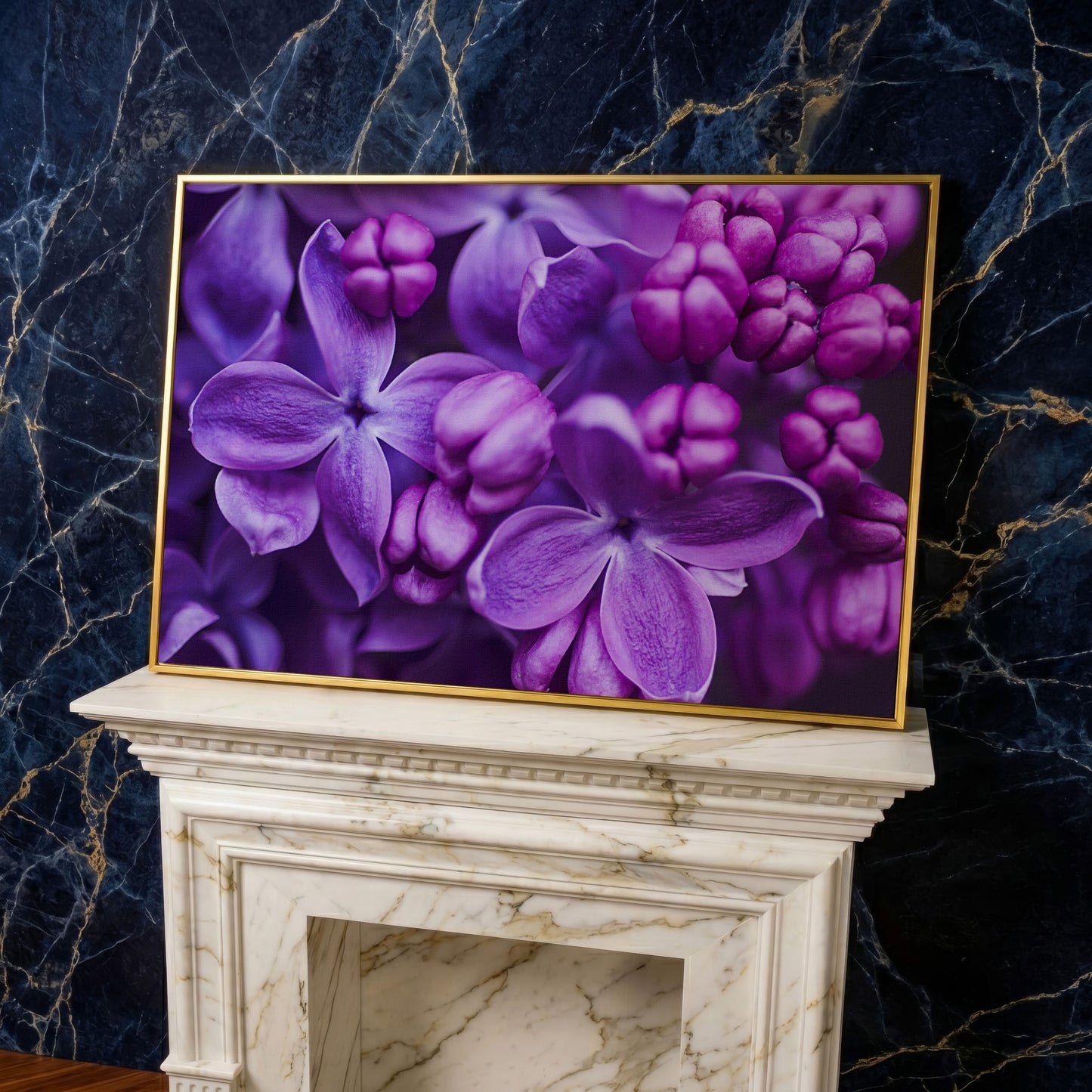 Lilac Blooms Close-Up Canvas Wall Art, Floral Landscape Print in yellow gold floating frame