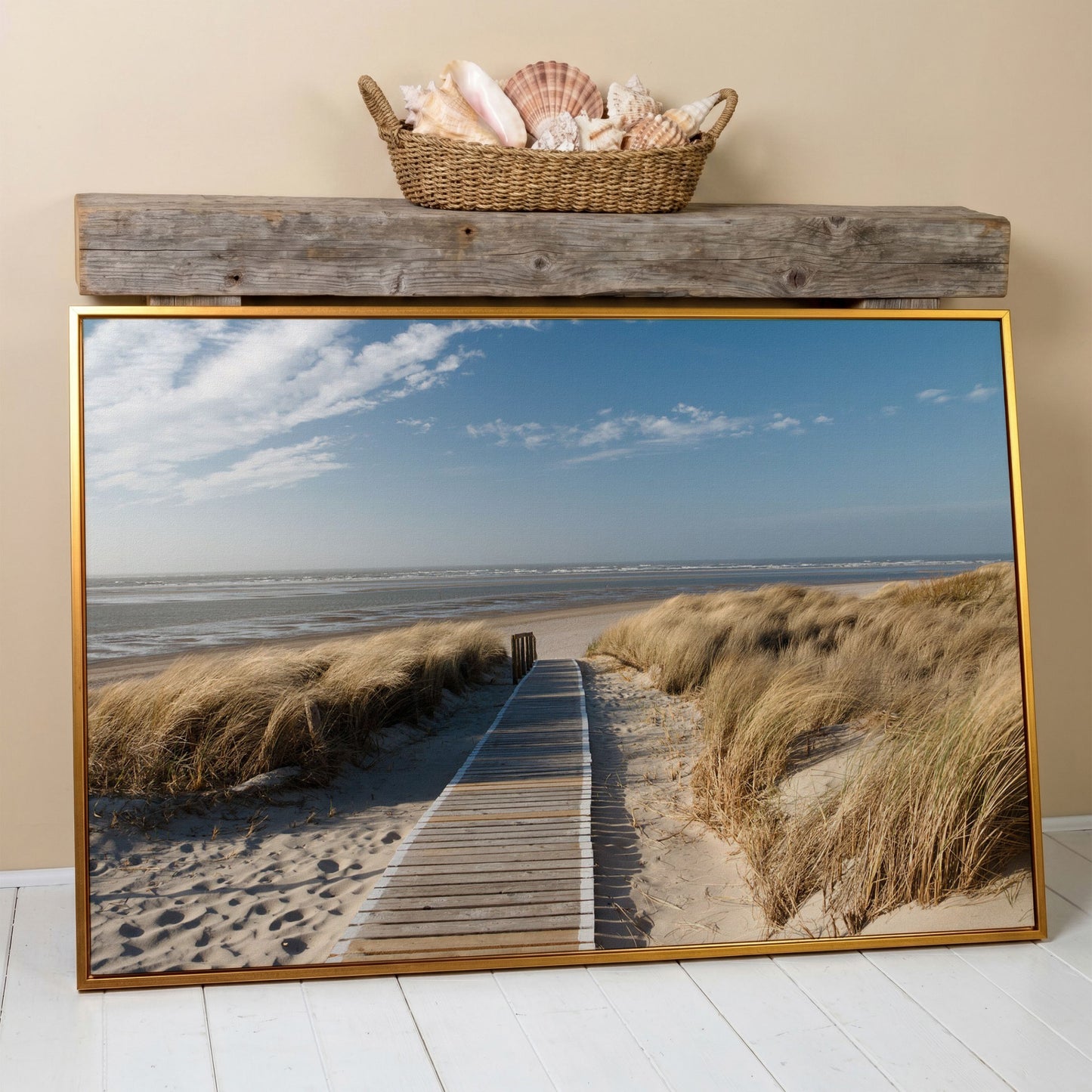 Wooden Boardwalk to the Beach Canvas Wall Art in antique gold floating frame