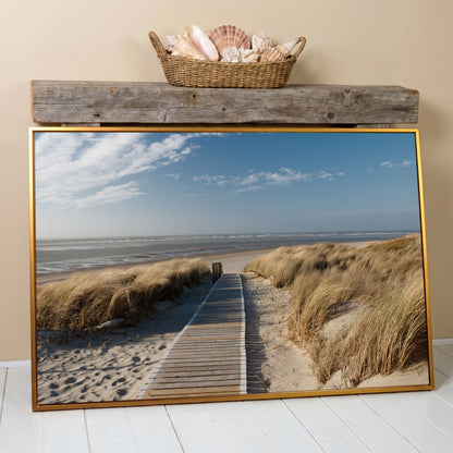 Wooden Boardwalk to the Beach Canvas Wall Art in antique gold floating frame