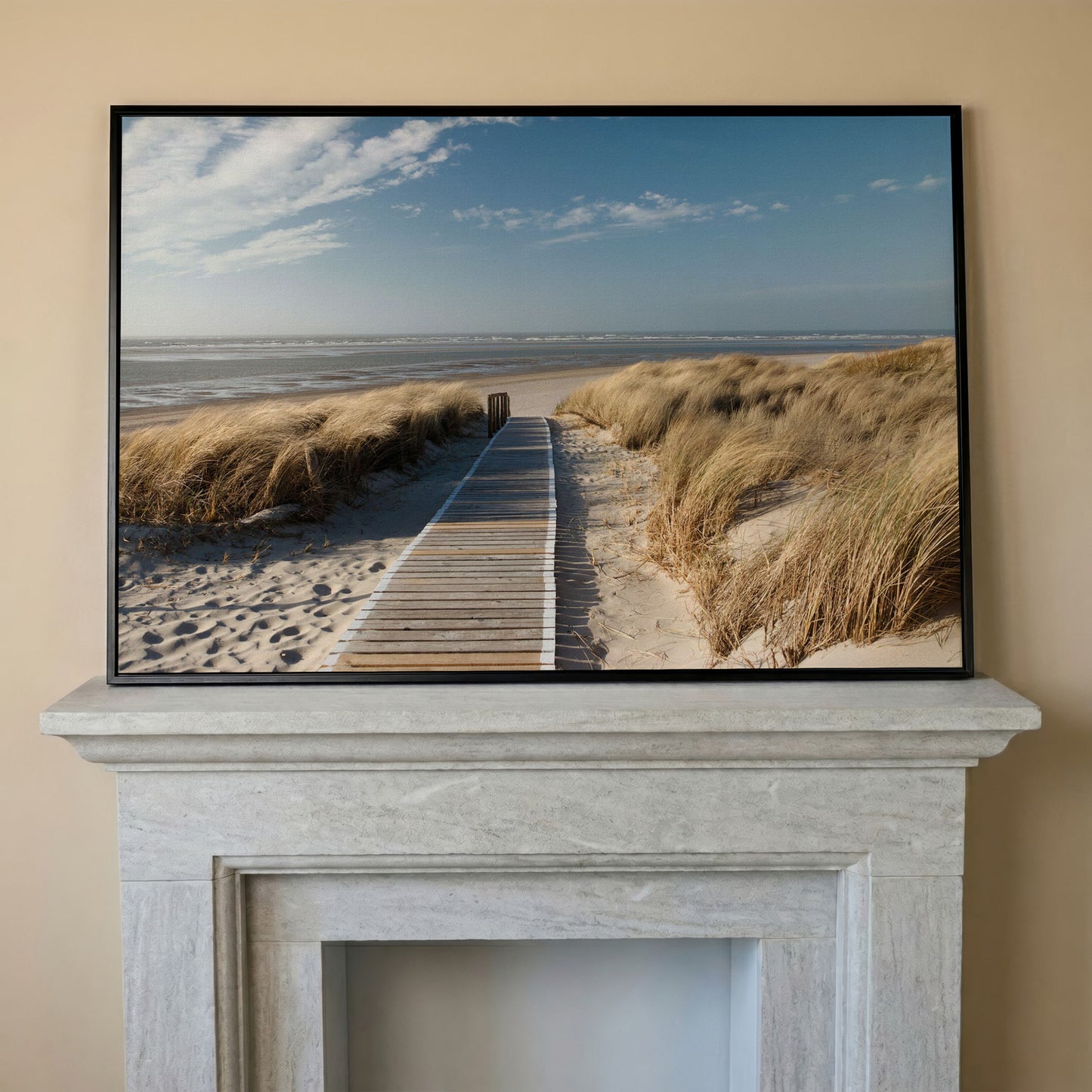 Wooden Boardwalk to the Beach Canvas Wall Art in black floating frame