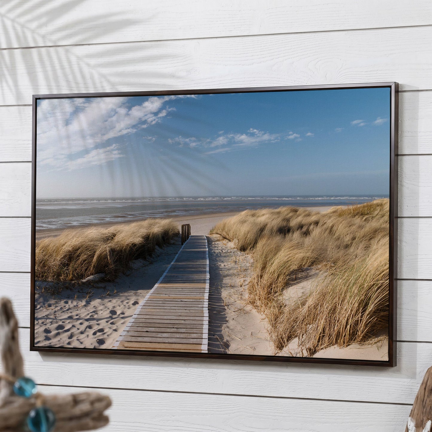 Wooden Boardwalk to the Beach Canvas Wall Art in dark walnut floating frame