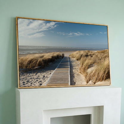 Wooden Boardwalk to the Beach Canvas Wall Art in white oak floating frame