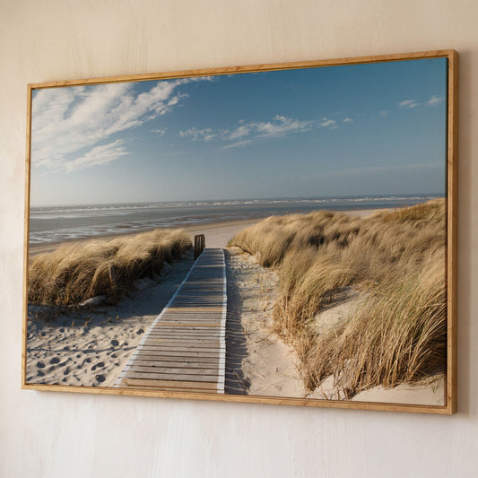 Wooden Boardwalk to the Beach Canvas Wall Art shown in white oak floating frame