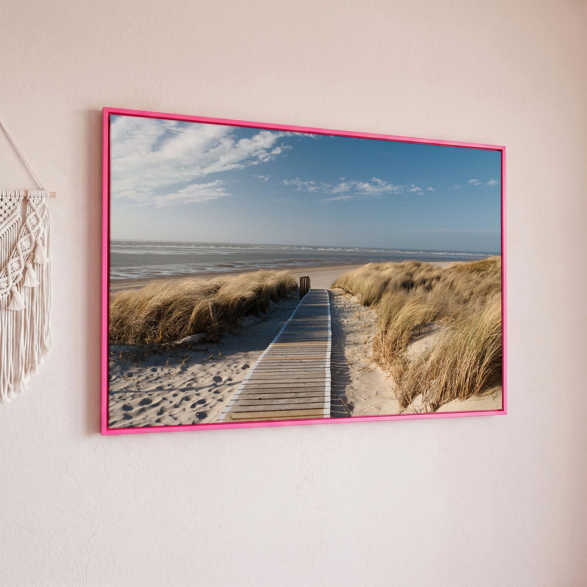 Wooden Boardwalk to the Beach Canvas Wall Art in pink floating frame