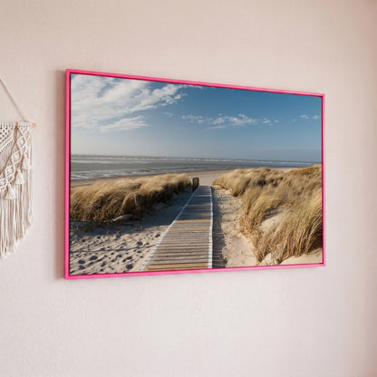 Wooden Boardwalk to the Beach Canvas Wall Art in pink floating frame