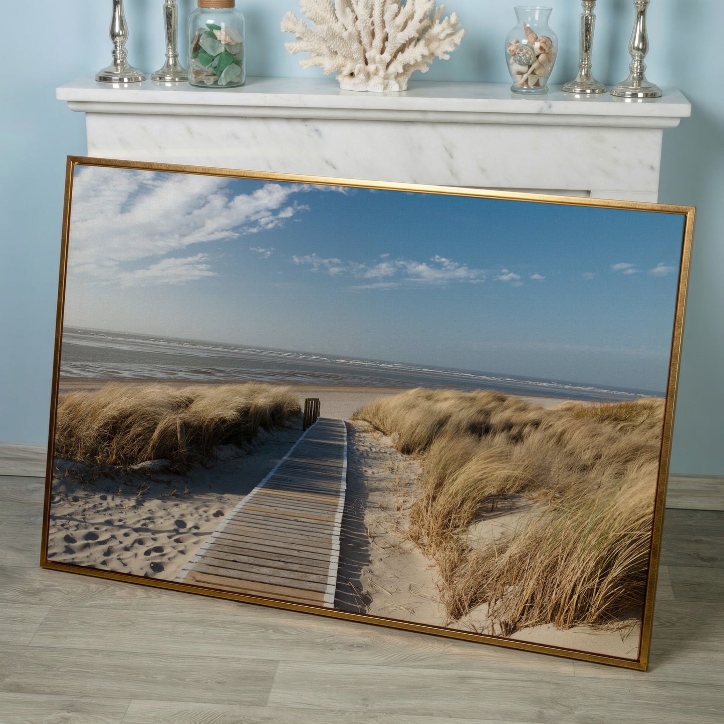 Wooden Boardwalk to the Beach Canvas Wall Art in rose gold floating frame