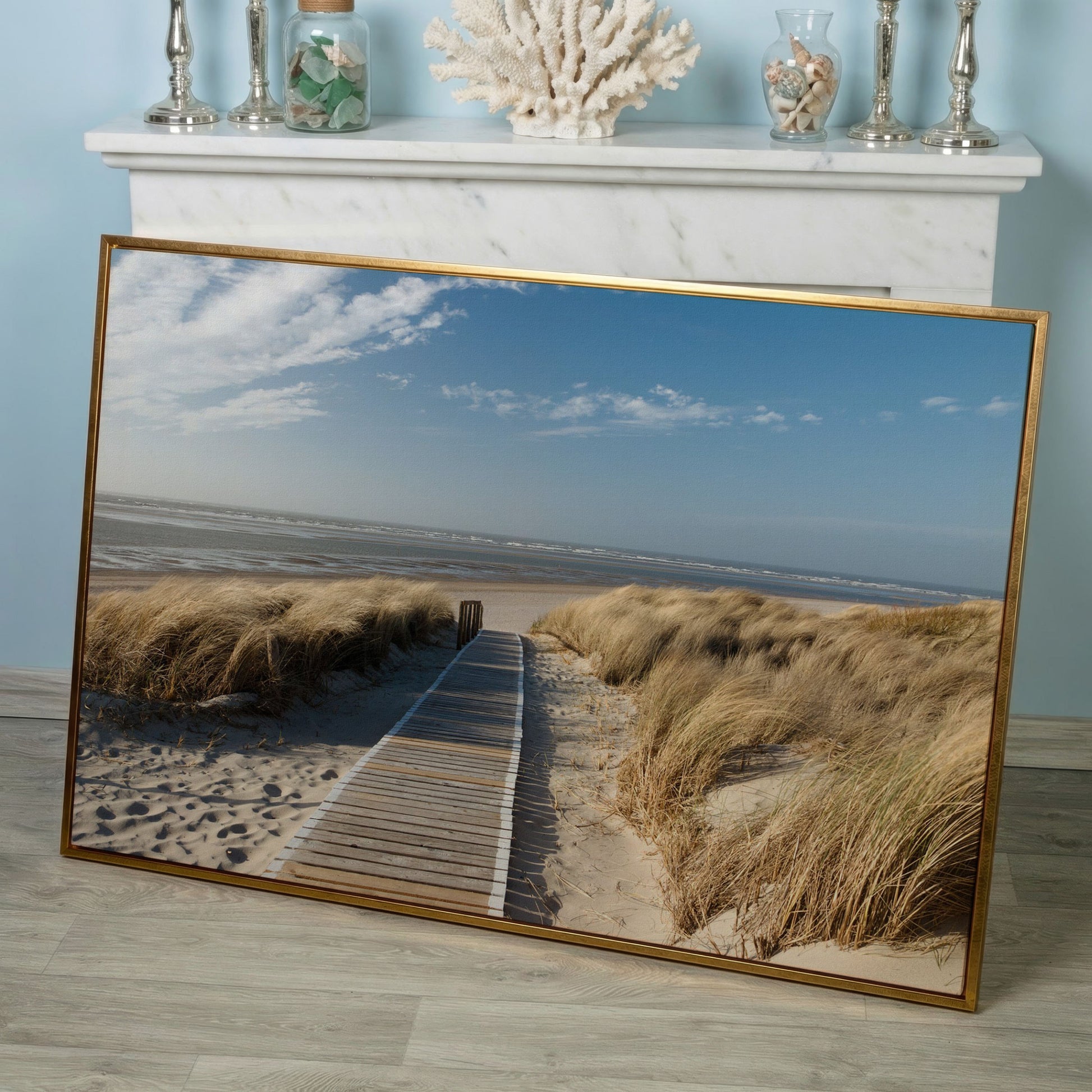 Wooden Boardwalk to the Beach Canvas Wall Art in rose gold floating frame