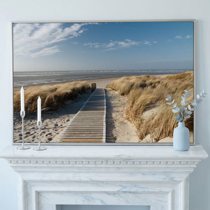 Wooden Boardwalk to the Beach Canvas Wall Art in silver floating frame