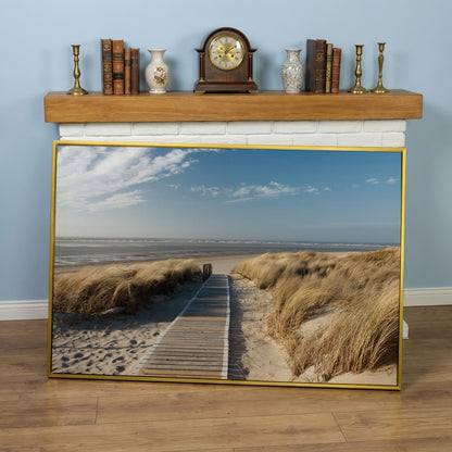 Wooden Boardwalk to the Beach Canvas Wall Art in yellow gold floating frame