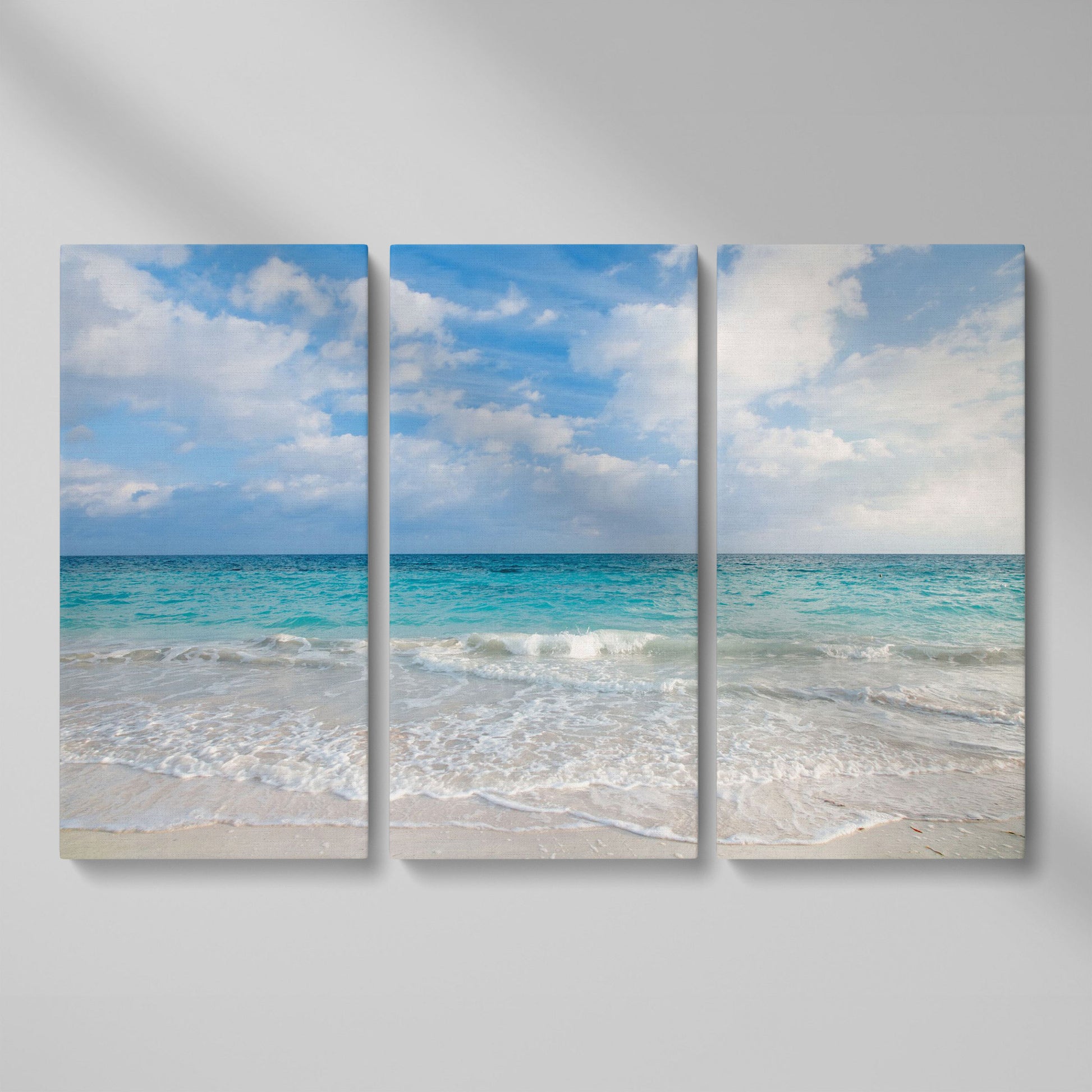 Calm Ocean Shore Canvas Art, Coastal Seascape Wall Print as 3-panel split version
