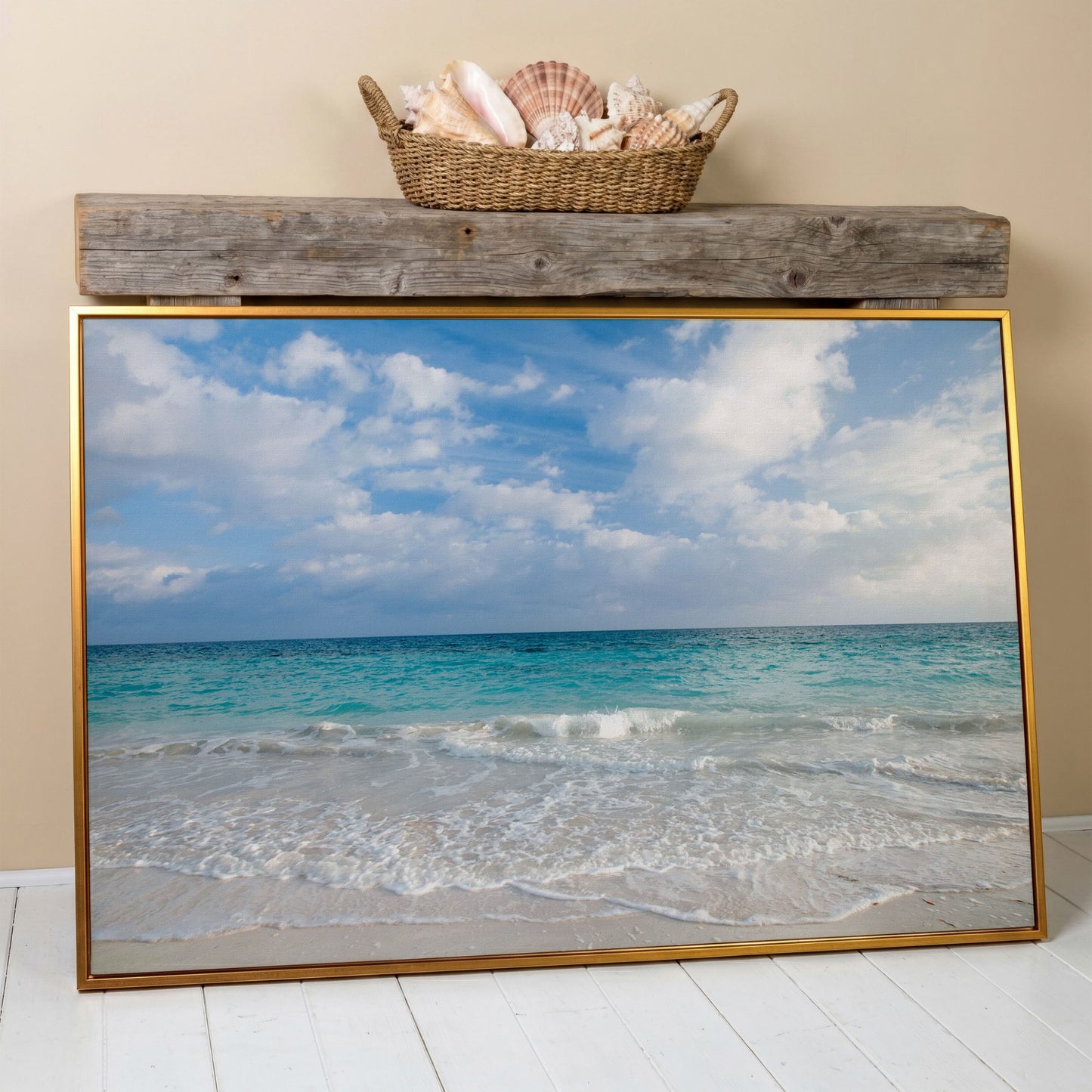 Calm Ocean Shore Canvas Art, Coastal Seascape Wall Print in antique gold floating frame