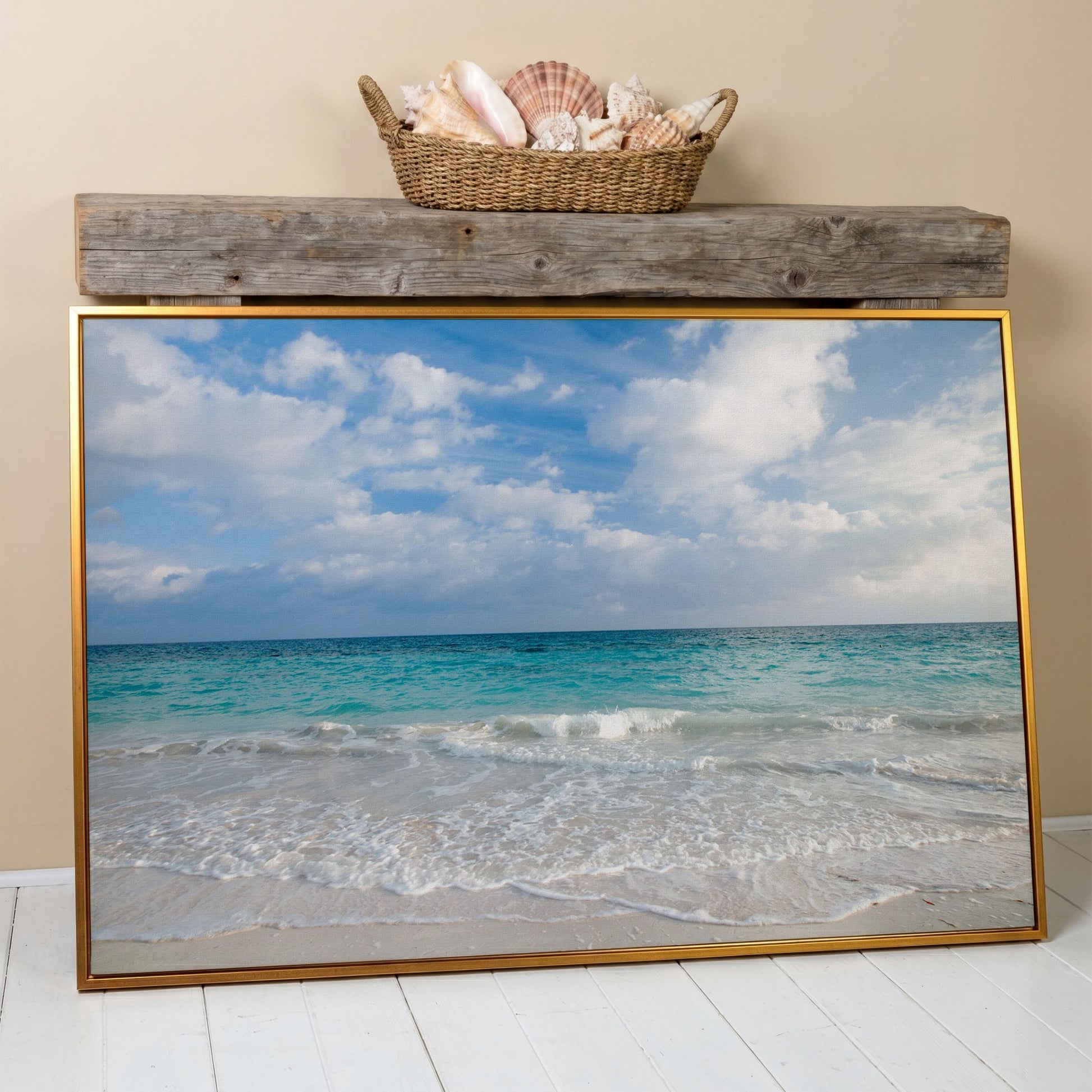 Calm Ocean Shore Canvas Art, Coastal Seascape Wall Print in antique gold floating frame