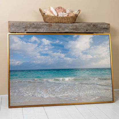 Calm Ocean Shore Canvas Art, Coastal Seascape Wall Print in antique gold floating frame