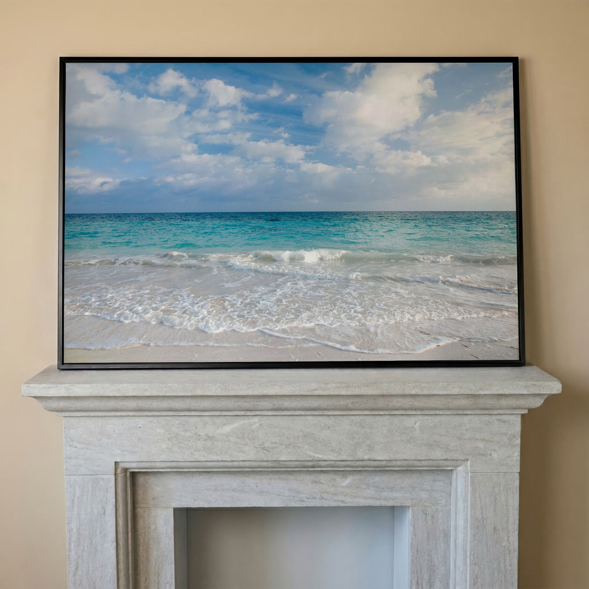 Calm Ocean Shore Canvas Art, Coastal Seascape Wall Print in black floating frame