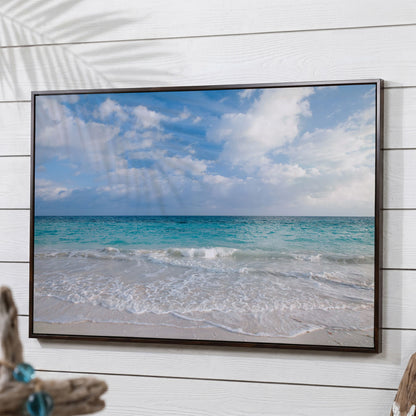 Calm Ocean Shore Canvas Art, Coastal Seascape Wall Print in dark walnut floating frame