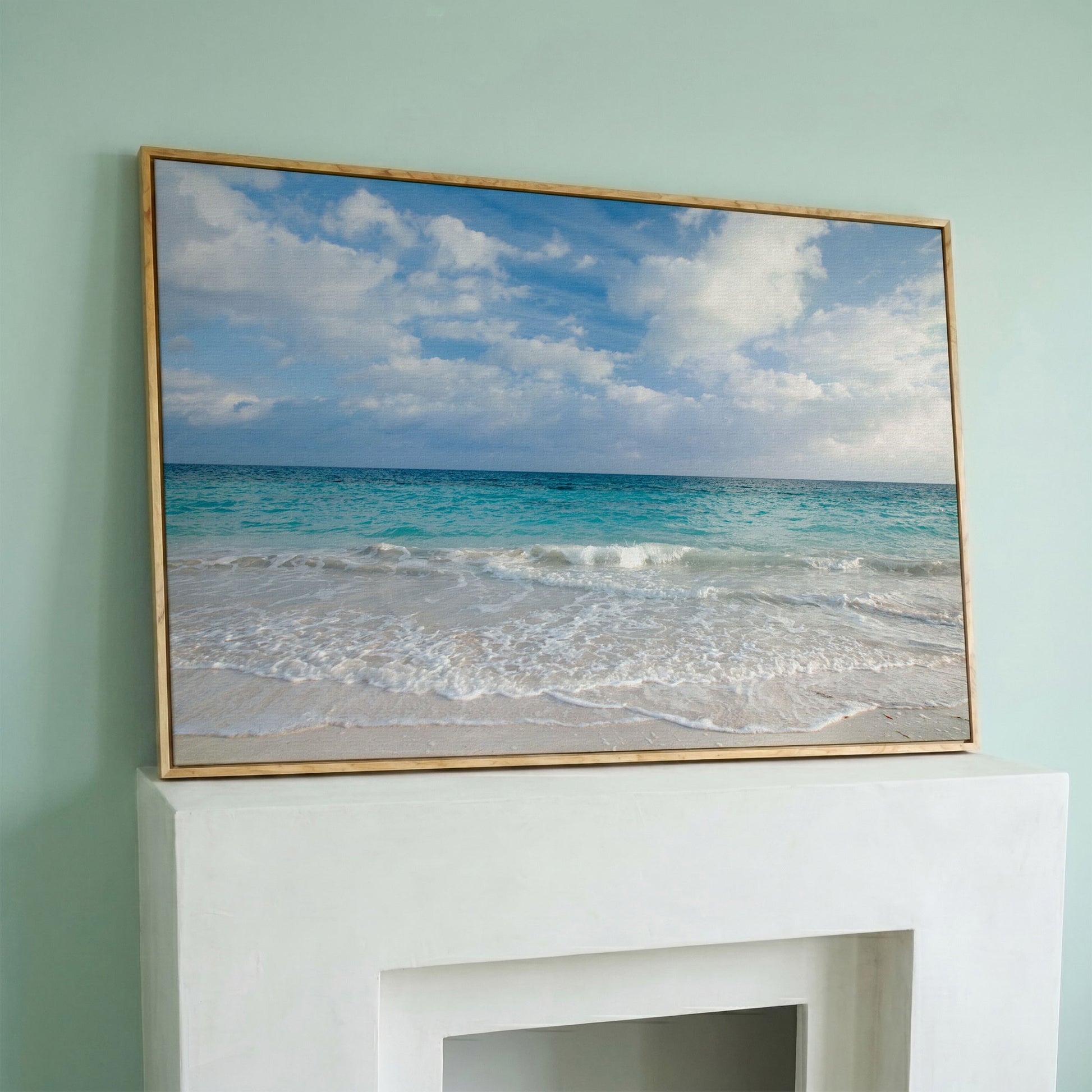 Calm Ocean Shore Canvas Art, Coastal Seascape Wall Print in white oak floating frame