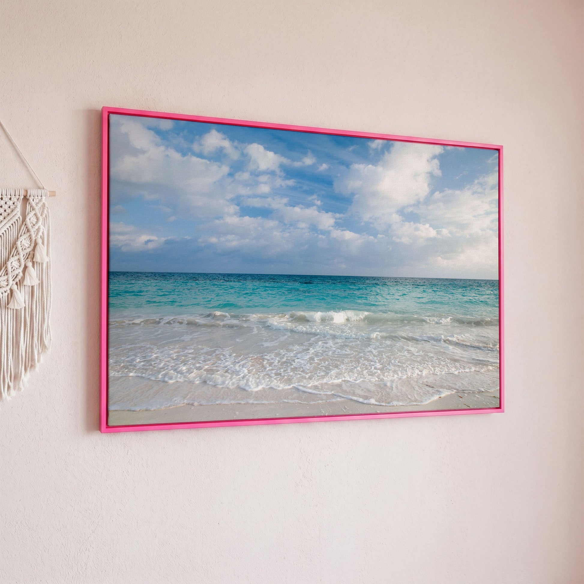 Calm Ocean Shore Canvas Art, Coastal Seascape Wall Print in pink floating frame