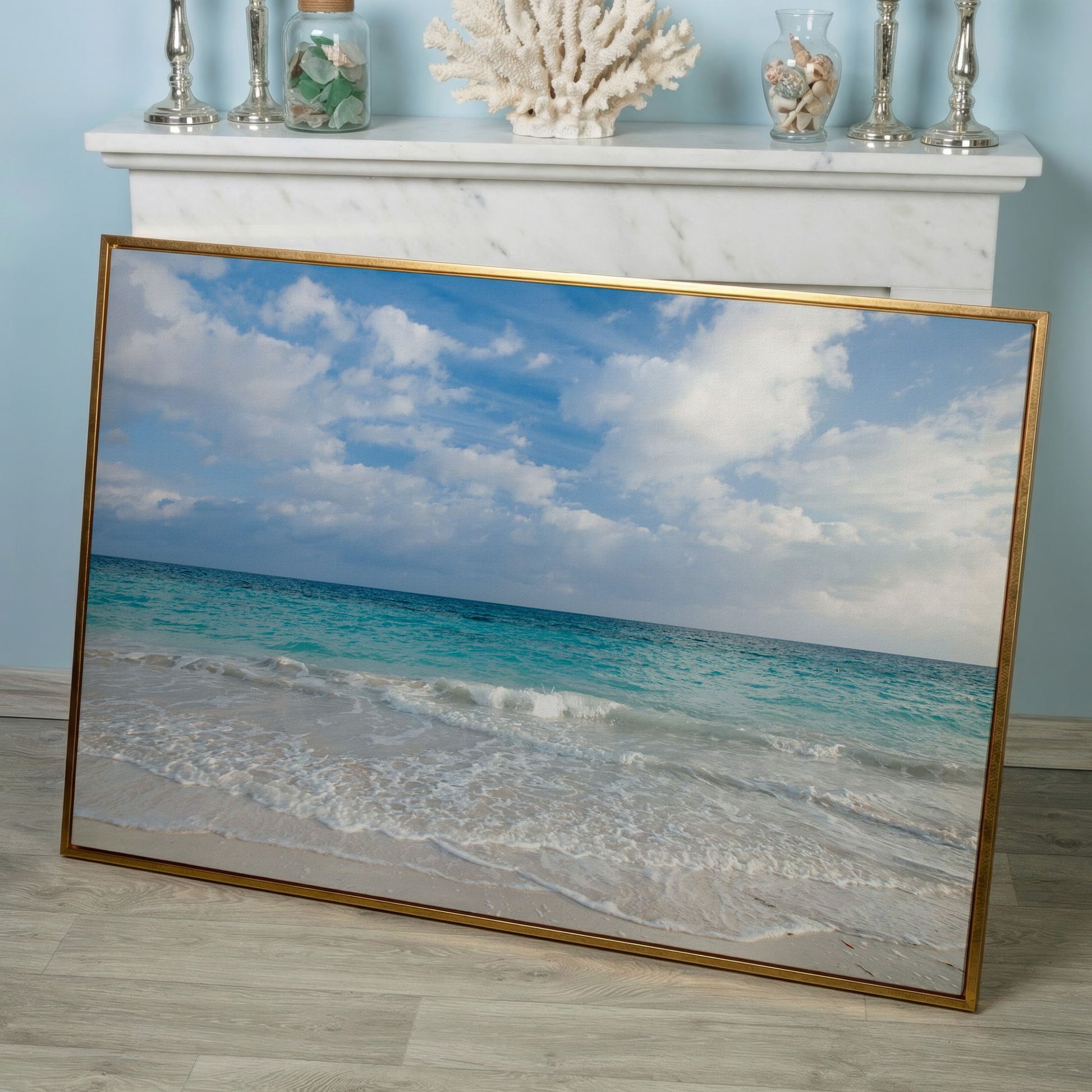 Calm Ocean Shore Canvas Art, Coastal Seascape Wall Print in rose gold floating frame