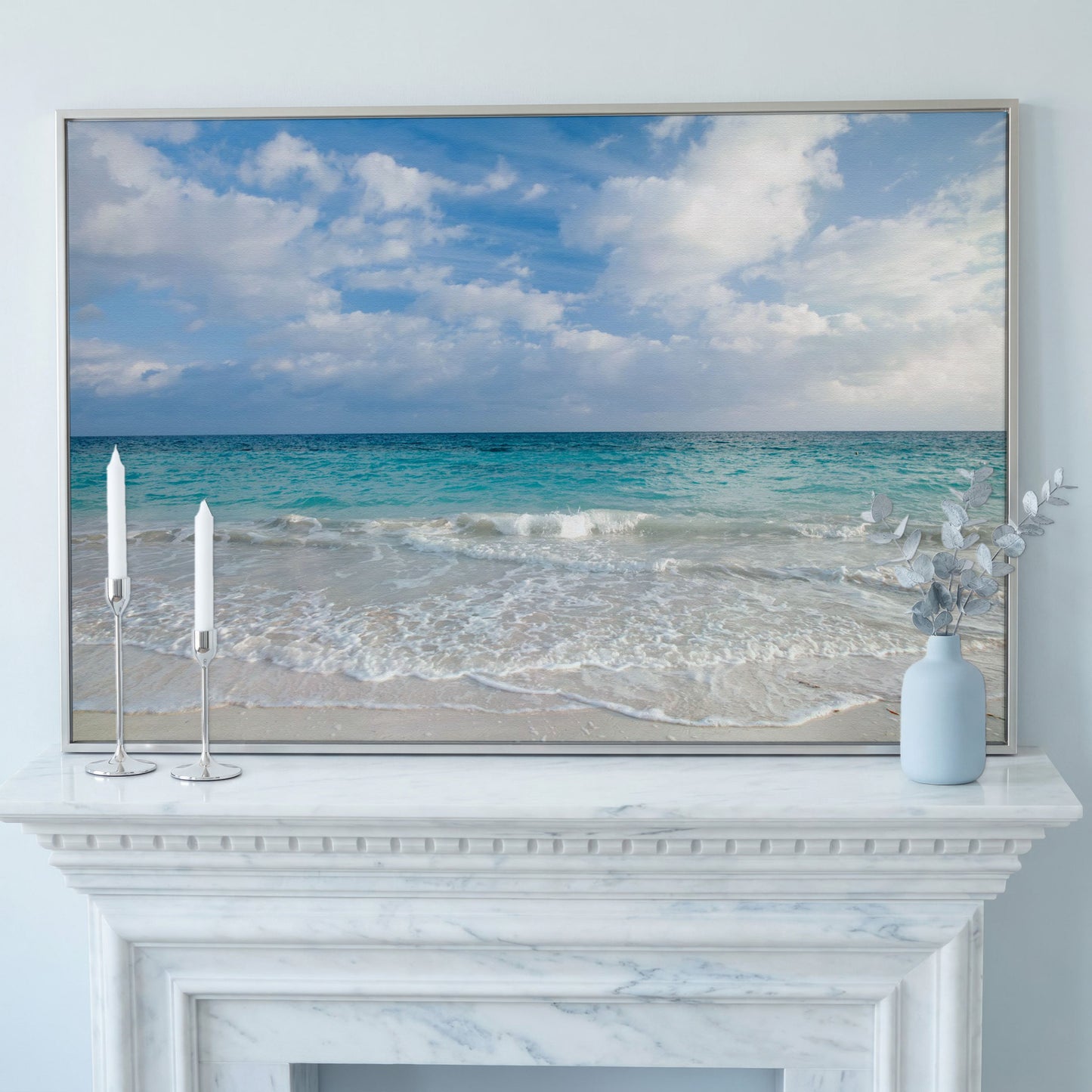 Calm Ocean Shore Canvas Art, Coastal Seascape Wall Print in silver floating frame