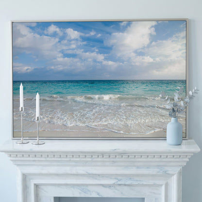 Calm Ocean Shore Canvas Art, Coastal Seascape Wall Print in silver floating frame