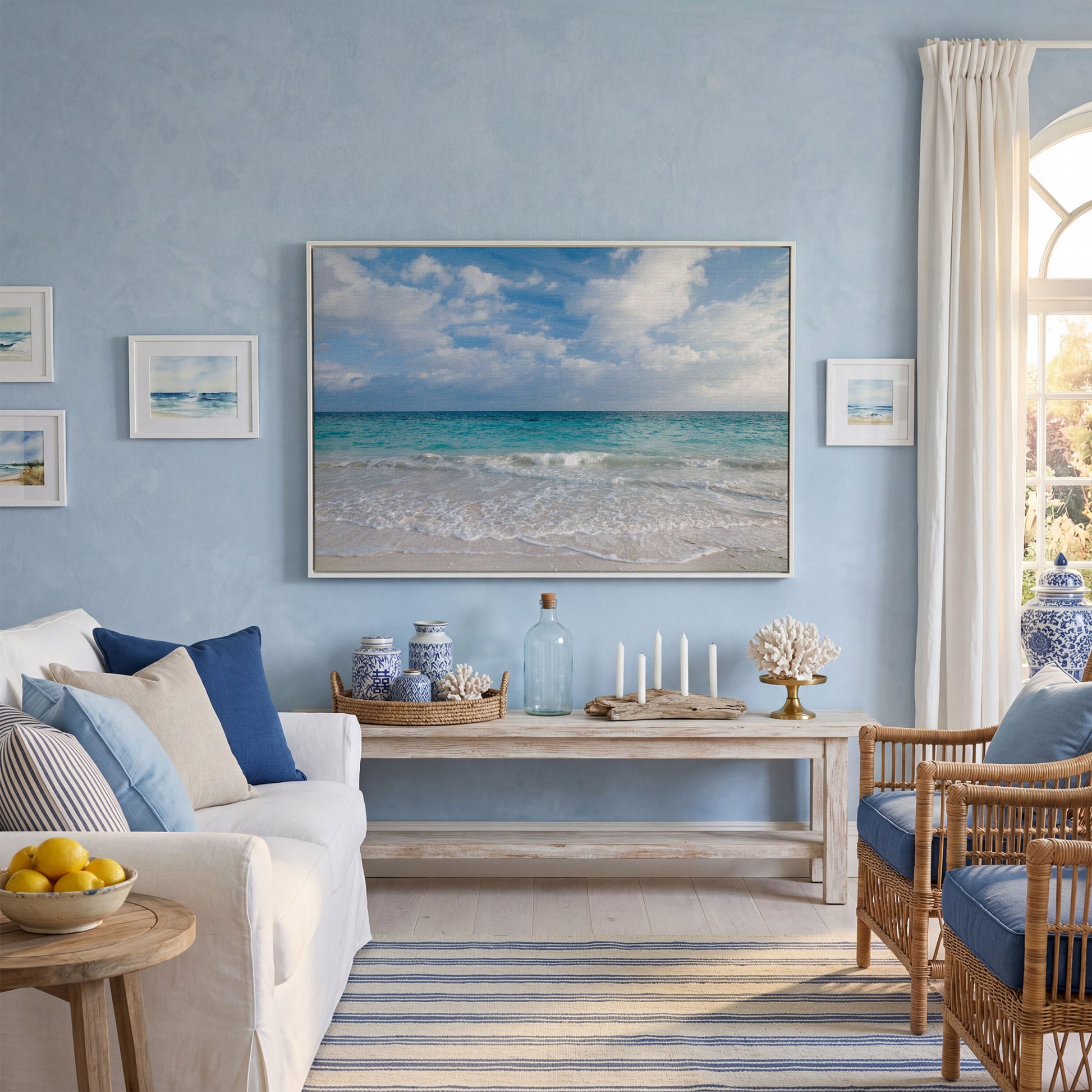 Calm Ocean Shore Canvas Art, Coastal Seascape Wall Print in white floating frame