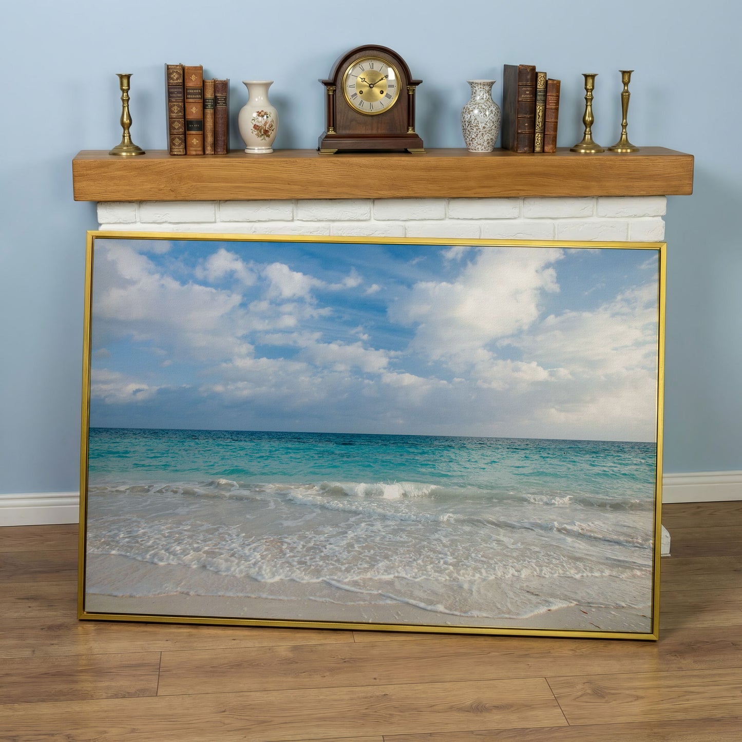 Calm Ocean Shore Canvas Art, Coastal Seascape Wall Print in yellow gold floating frame