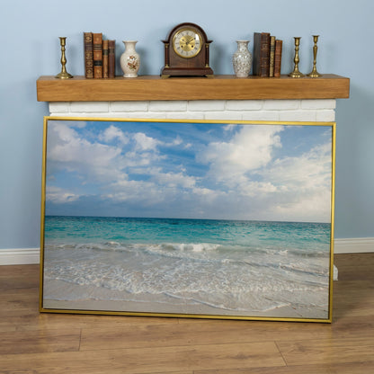 Calm Ocean Shore Canvas Art, Coastal Seascape Wall Print in yellow gold floating frame