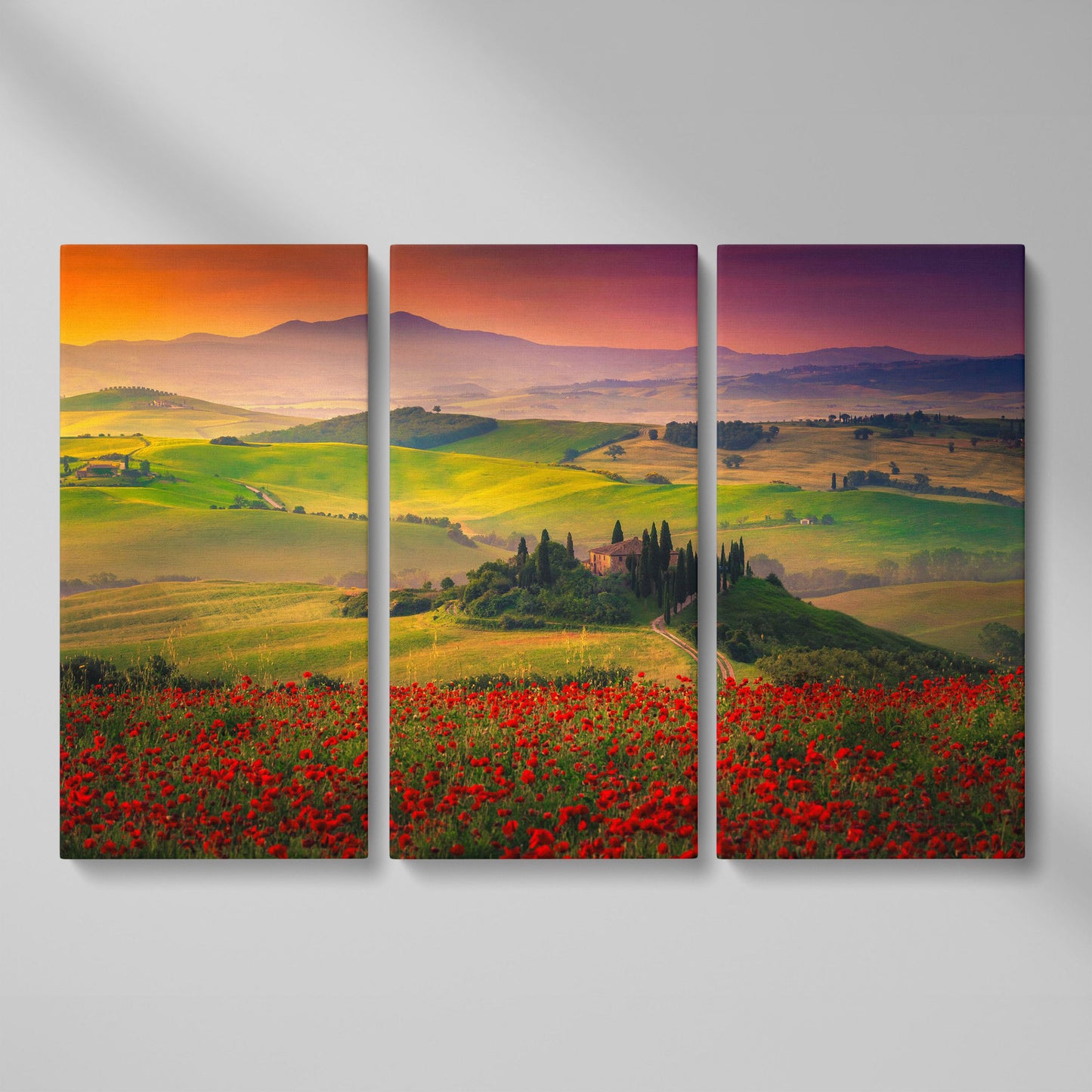 Tuscan Hills Canvas Art with Poppies, Farmhouse and Cypress Trees as 3-panel split version