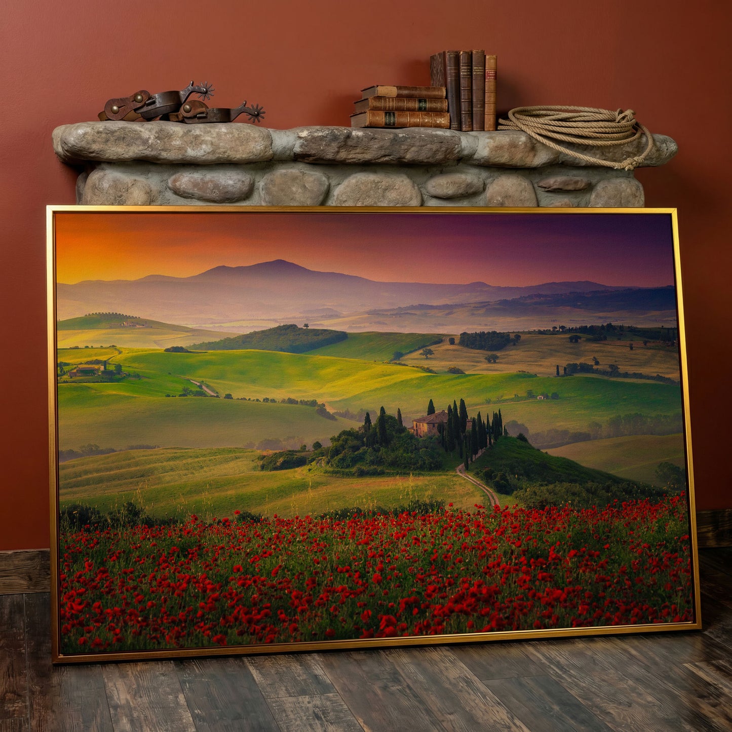 Tuscan Hills Canvas Art with Poppies, Farmhouse and Cypress Trees in antique gold floating frame