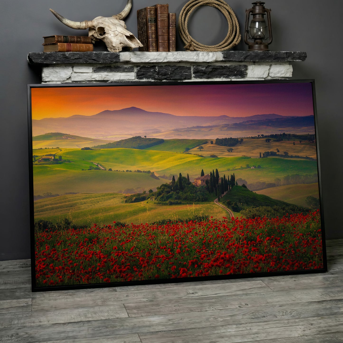 Tuscan Hills Canvas Art with Poppies, Farmhouse and Cypress Trees in black floating frame