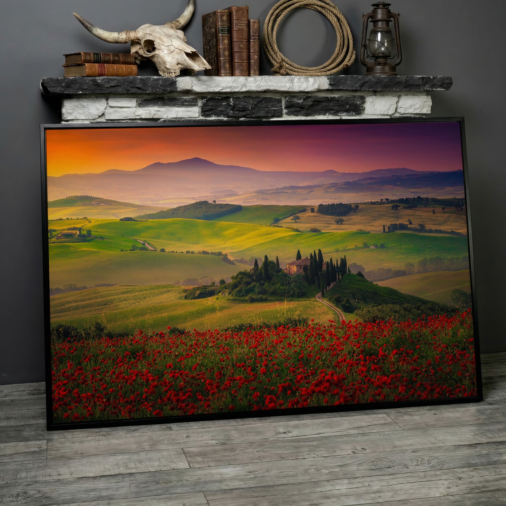 Tuscan Hills Canvas Art with Poppies, Farmhouse and Cypress Trees in black floating frame