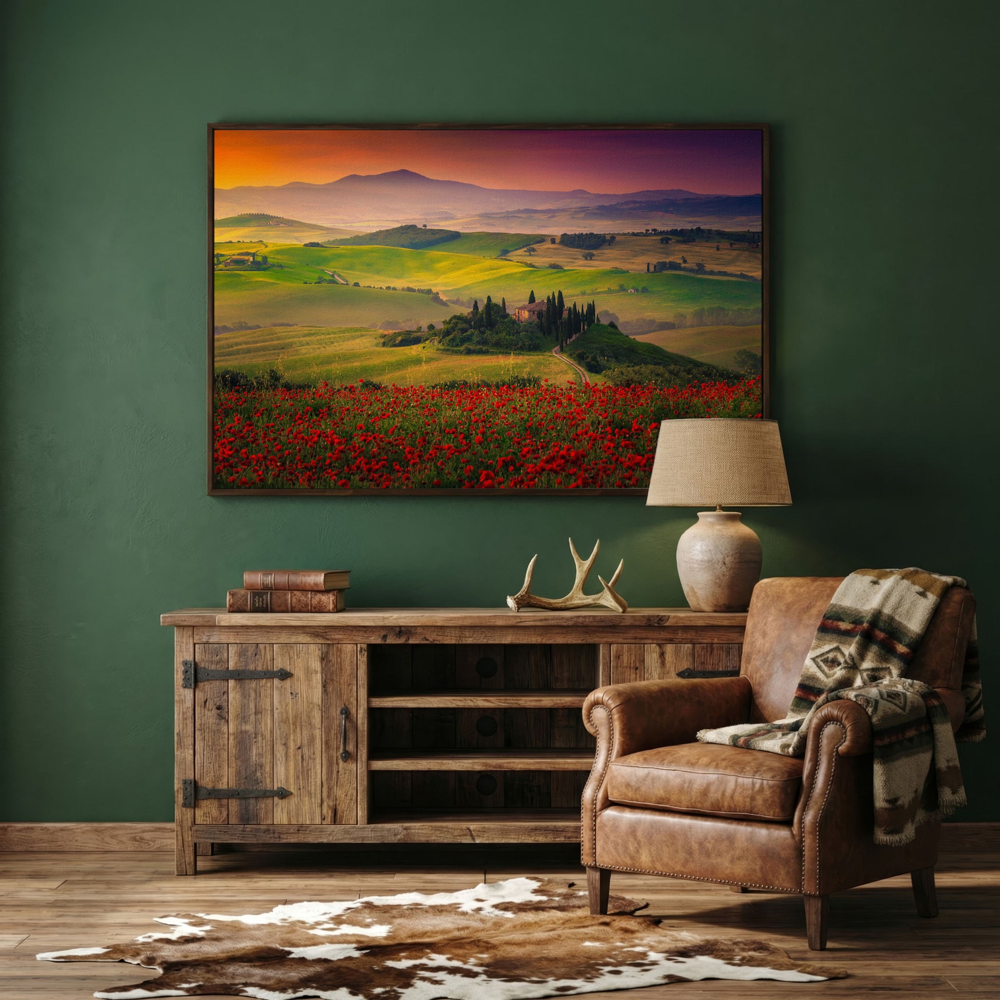 Tuscan Hills Canvas Art with Poppies, Farmhouse and Cypress Trees in dark walnut floating frame
